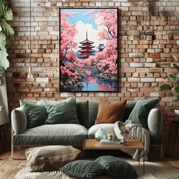 Japanese Pagoda with Cherry Blossoms Cultural Poster