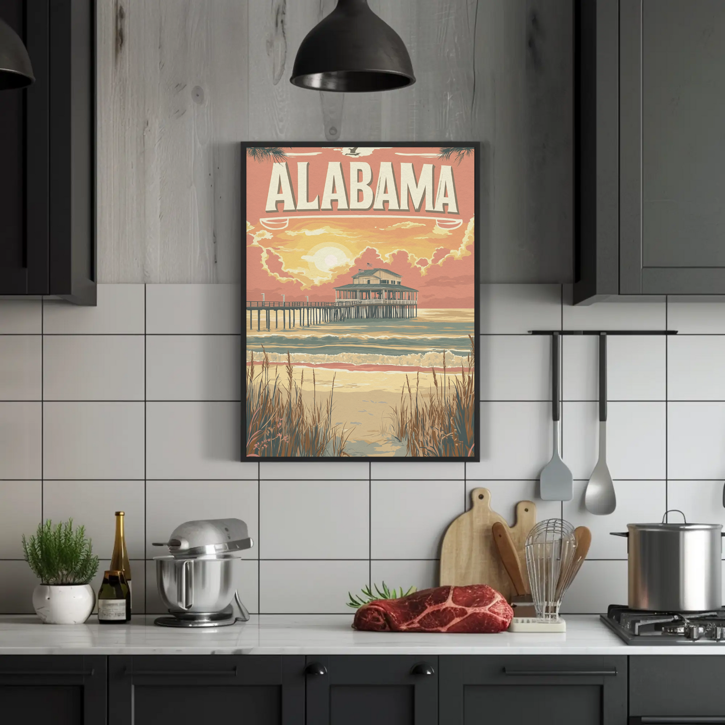 Alabama Pier at Sunset Vintage Travel Poster