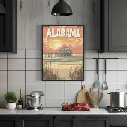 Alabama Pier at Sunset Vintage Travel Poster