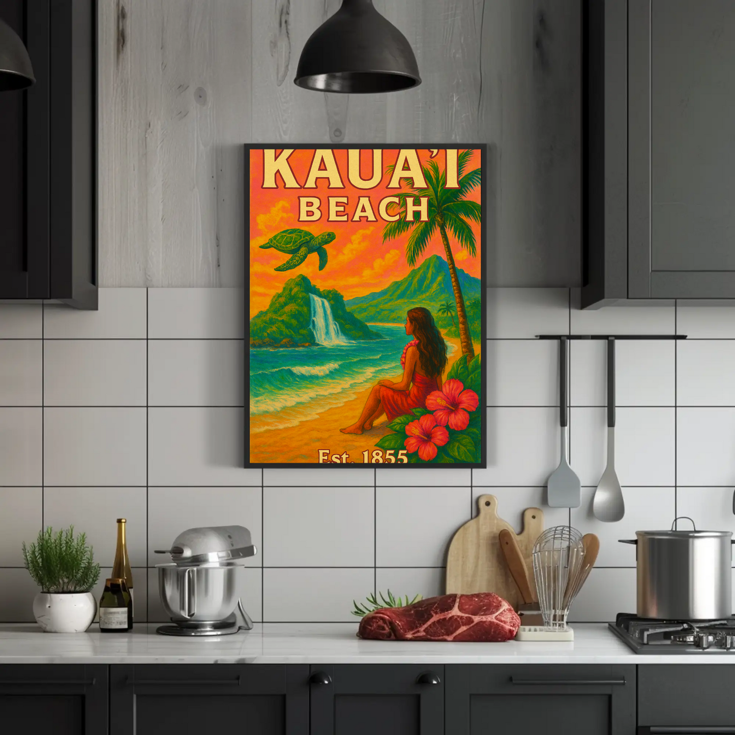 Kauai Beach Hawaii Waterfall Turtle Est 1855 Vintage Travel Poster