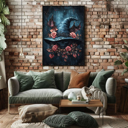 Mystical Skull and Roses Witch Hat Artistic Poster