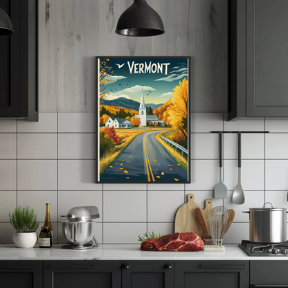 Vermont Vintage Poster - Autumn Road & Church