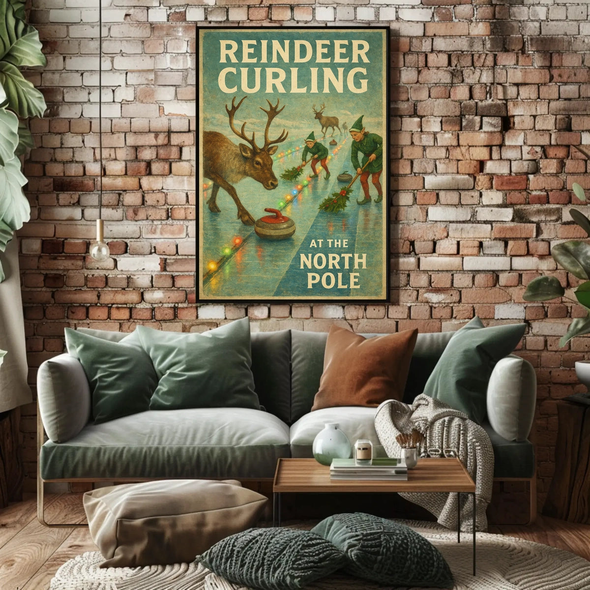 Reindeer Curling at the North Pole Poster