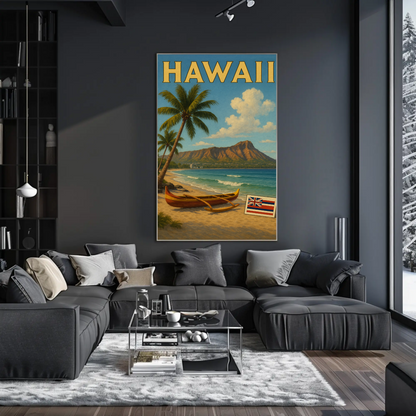 Hawaii Canoe Flag Diamond Head Ocean View Travel Poster