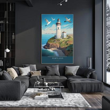 Portland Coastal Lighthouse and Seagulls Travel Poster