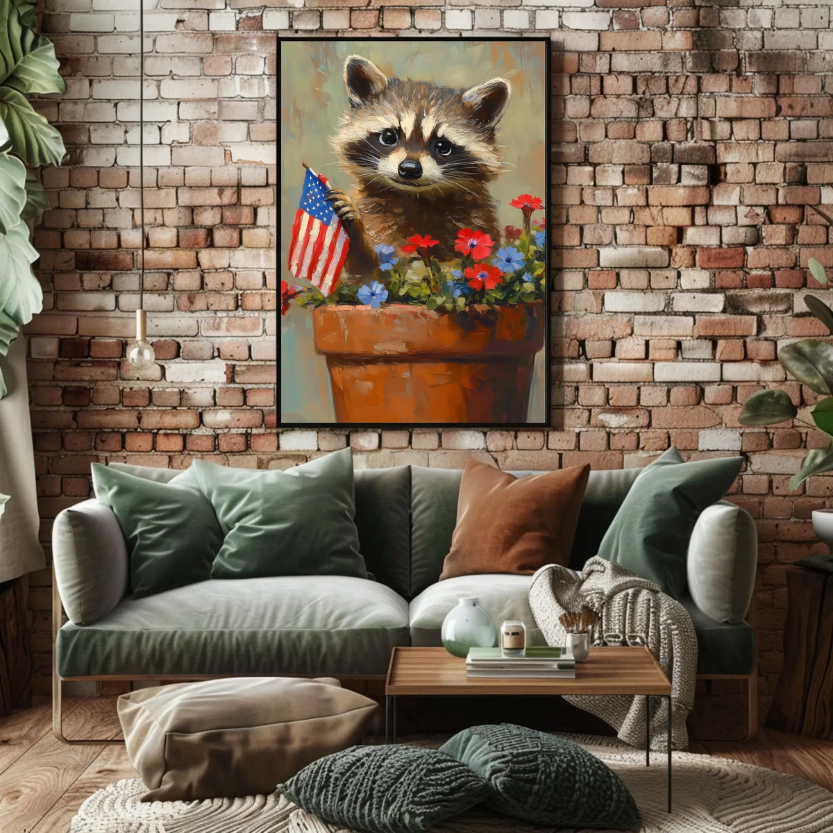 raccoon popping out of a large clay flowerpot Poster