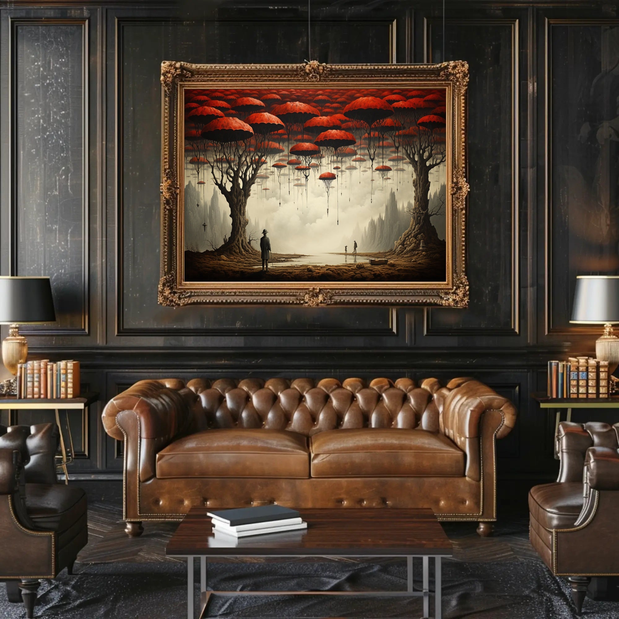 Surreal Dreamscape with Red Trees: Fantasy or Mythology Poster