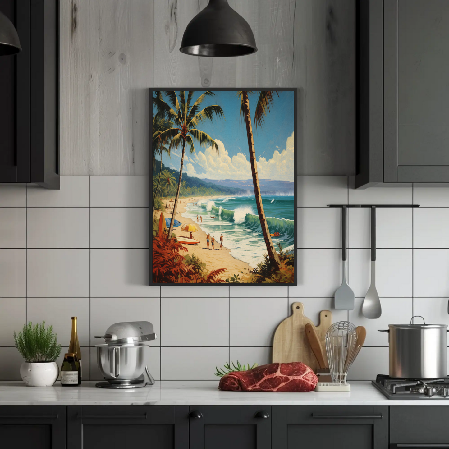 Tropical Surf Beach Day Palm Trees Vintage Travel Poster