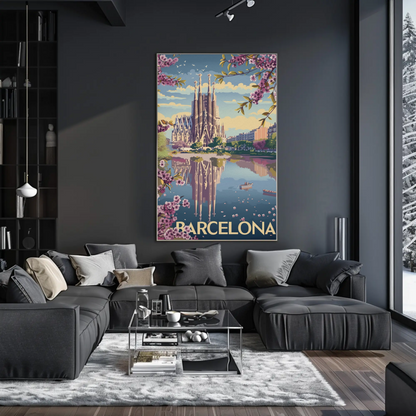 Barcelona Spain Blossoms and Cathedral Travel Poster