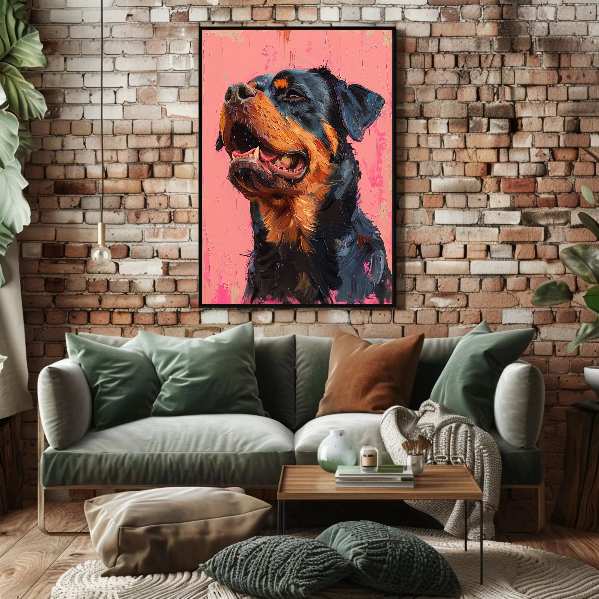 Striking Rottweiler Portrait on Vibrant Pink Dog Breed Poster PosterGoat