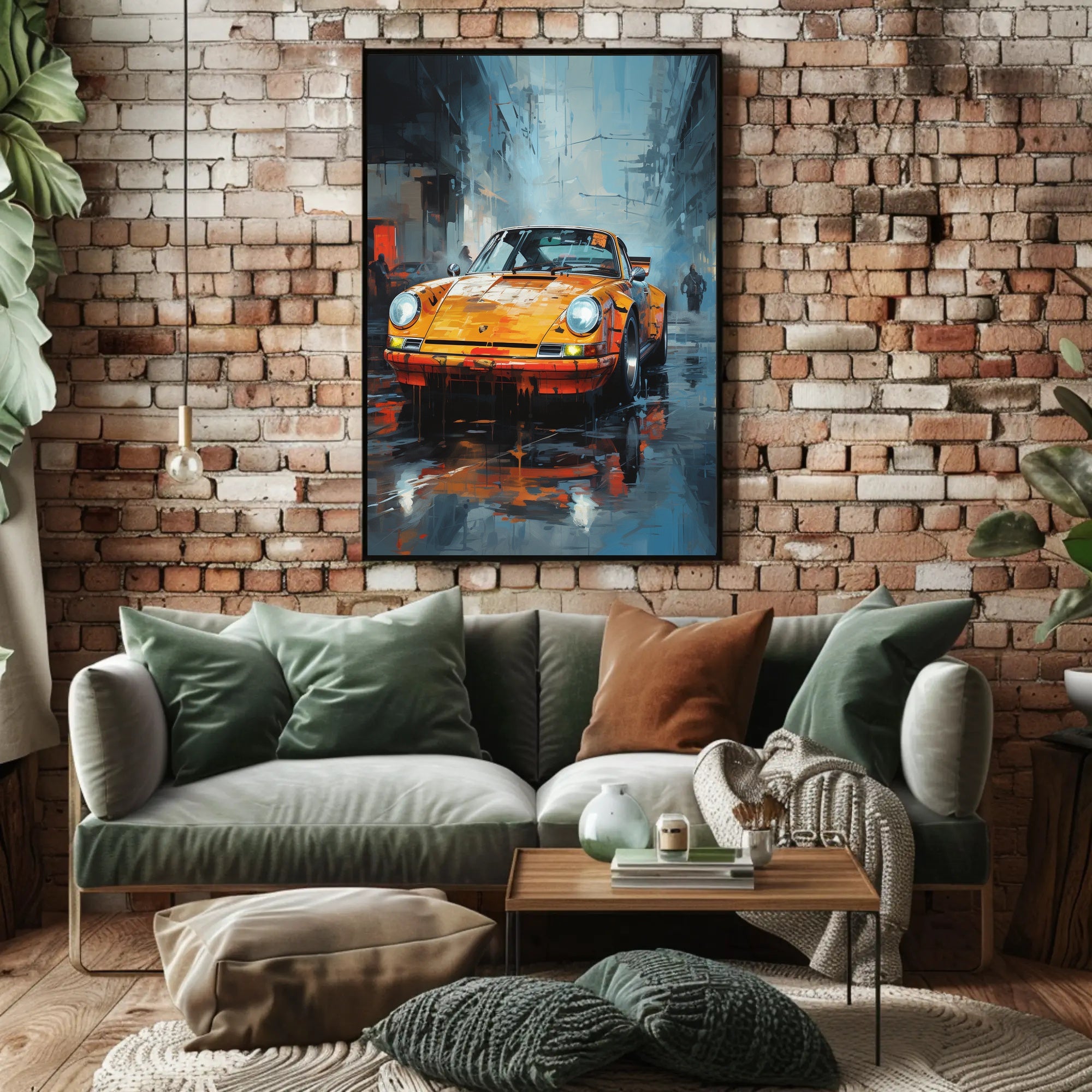 Vintage Sports Car on Rainy Street: Artistic Poster