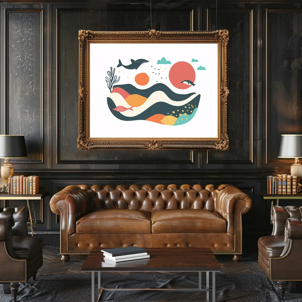 The poster features a whimsical and abstract marine scene. Central to the design Travel Poster