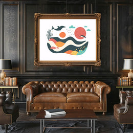 The poster features a whimsical and abstract marine scene. Central to the design Travel Poster