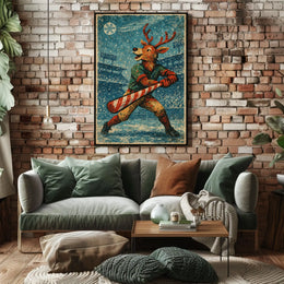 Whimsical Vintage Reindeer Baseball Holiday Poster Art