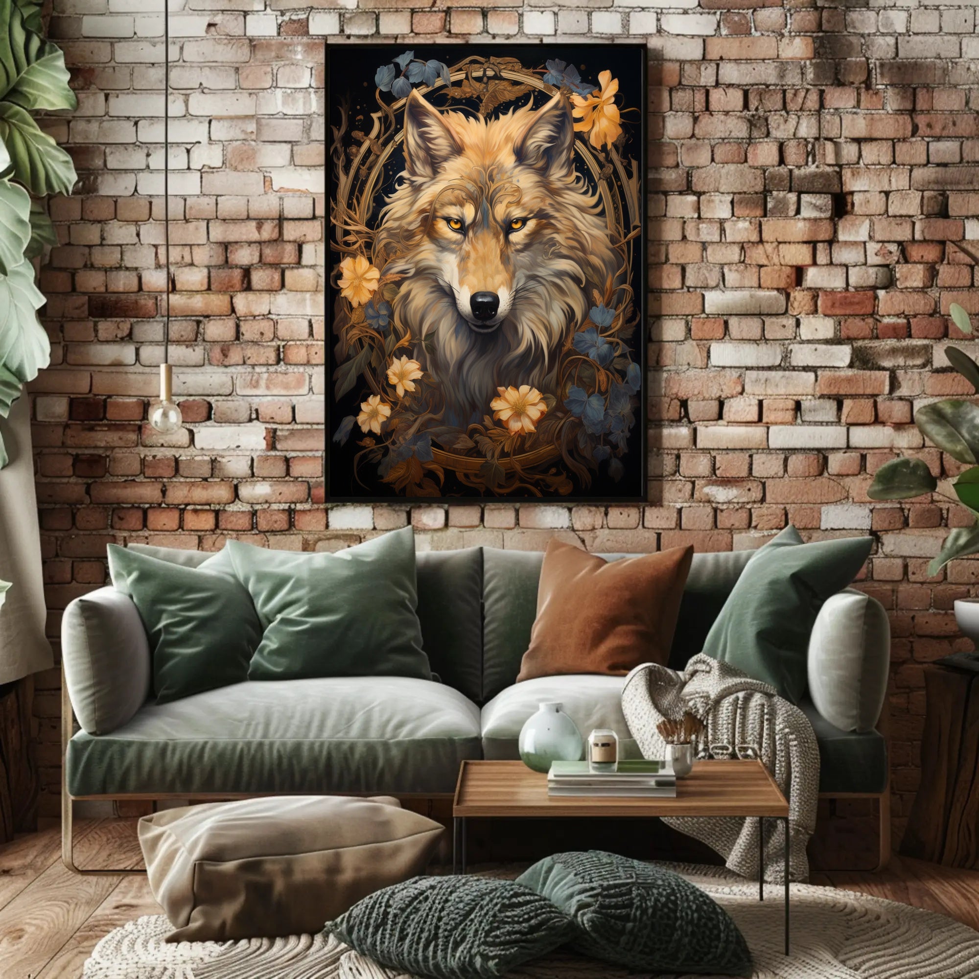 Majestic Wolf In Floral Frame Poster PosterGoat