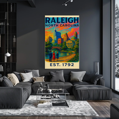 Raleigh North Carolina Skyline River Sunset Travel Poster