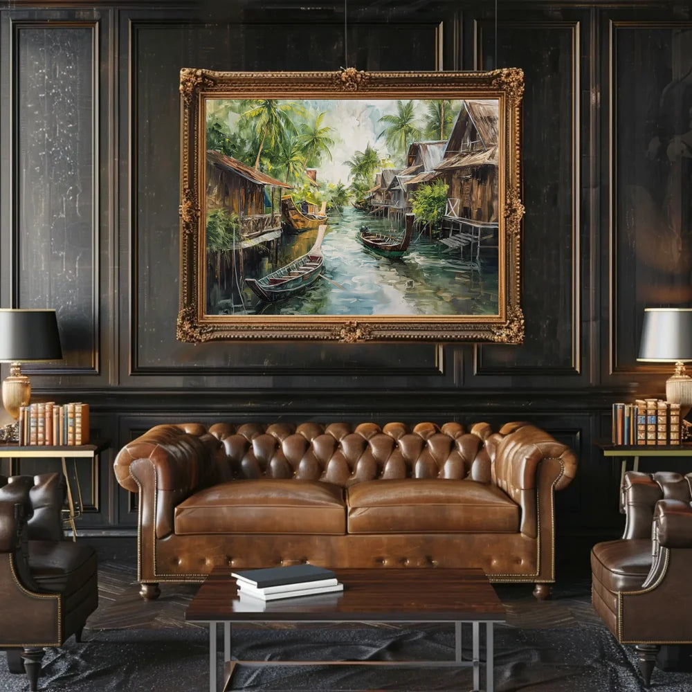 Serene Asian Floating Village Impressionistic Art Poster