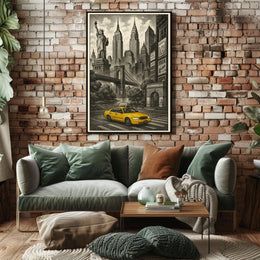New York City Taxi Scene Poster Vintage Wall Art