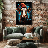 Festive Cow in Santa Hat Christmas Poster