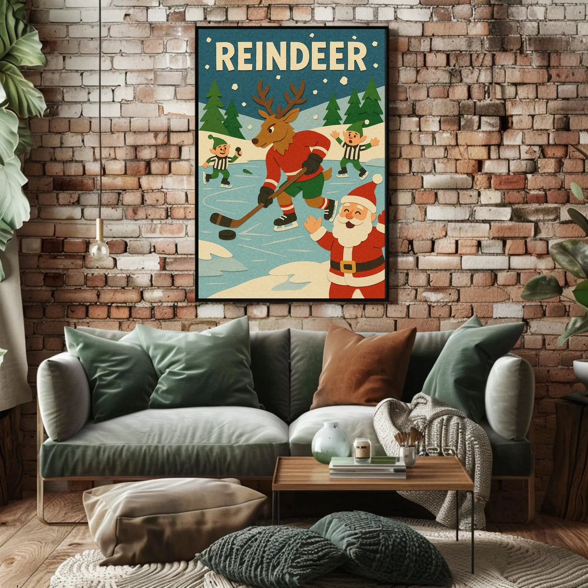 Festive Reindeer Ice Hockey Holiday Sports Poster
