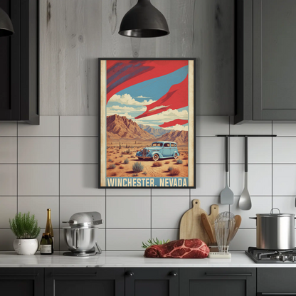 Winchester Nevada Desert Drive Scene Vintage Travel Poster