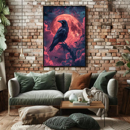 Mystical Raven Under Blood Moon Art Print Poster PosterGoat