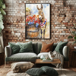 Cheerful Donkey Beside Barrel Surrounded By Flowers Poster