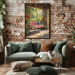 rustic porch swing draped with an American flag Poster