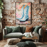 Blue Cowboy Boots Poster Vintage Floral Wall Art