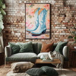 Blue Cowboy Boots Poster Vintage Floral Wall Art