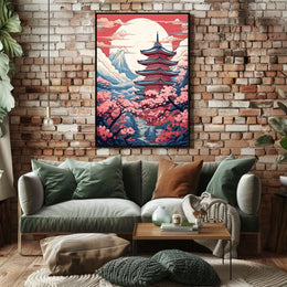 Traditional Japanese Pagoda in Serene Landscape Cultural Poster