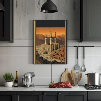 Three Minaret Mosque Mountainside Vintage Travel Poster