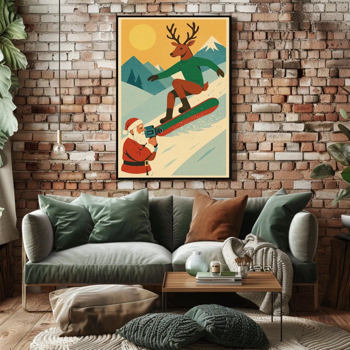 Reindeer Snowboarding Vintage Winter Adventure Poster