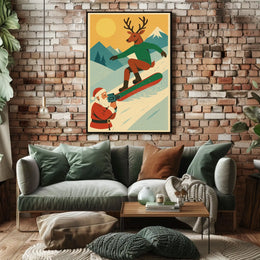 Reindeer Snowboarding Vintage Winter Adventure Poster