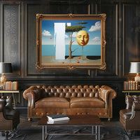 Surreal Coastal Dreamscape with Golden Mask Artistic Poster