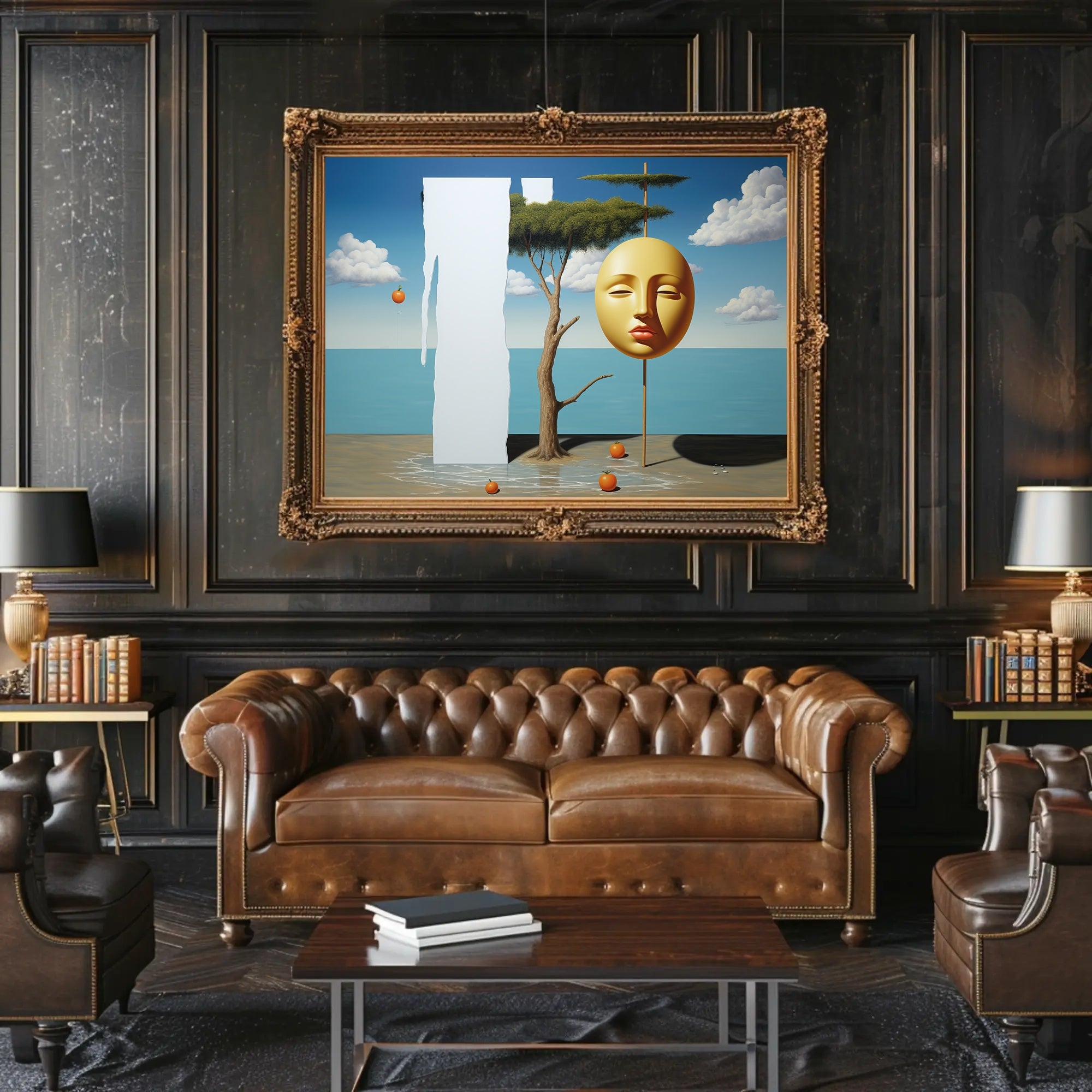 Surreal Coastal Dreamscape with Golden Mask Artistic Poster