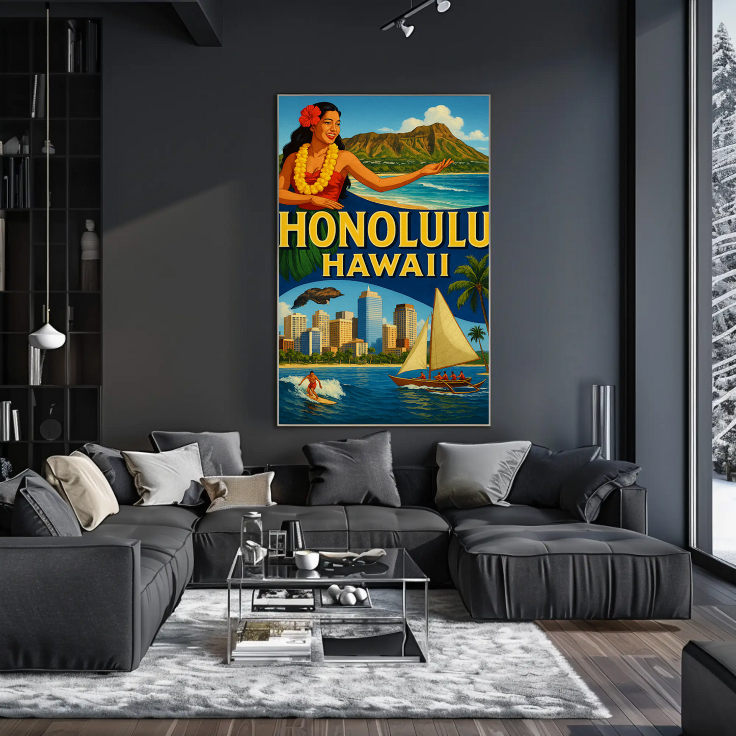 Honolulu Hawaii Surfer Skyline Hula Travel Poster