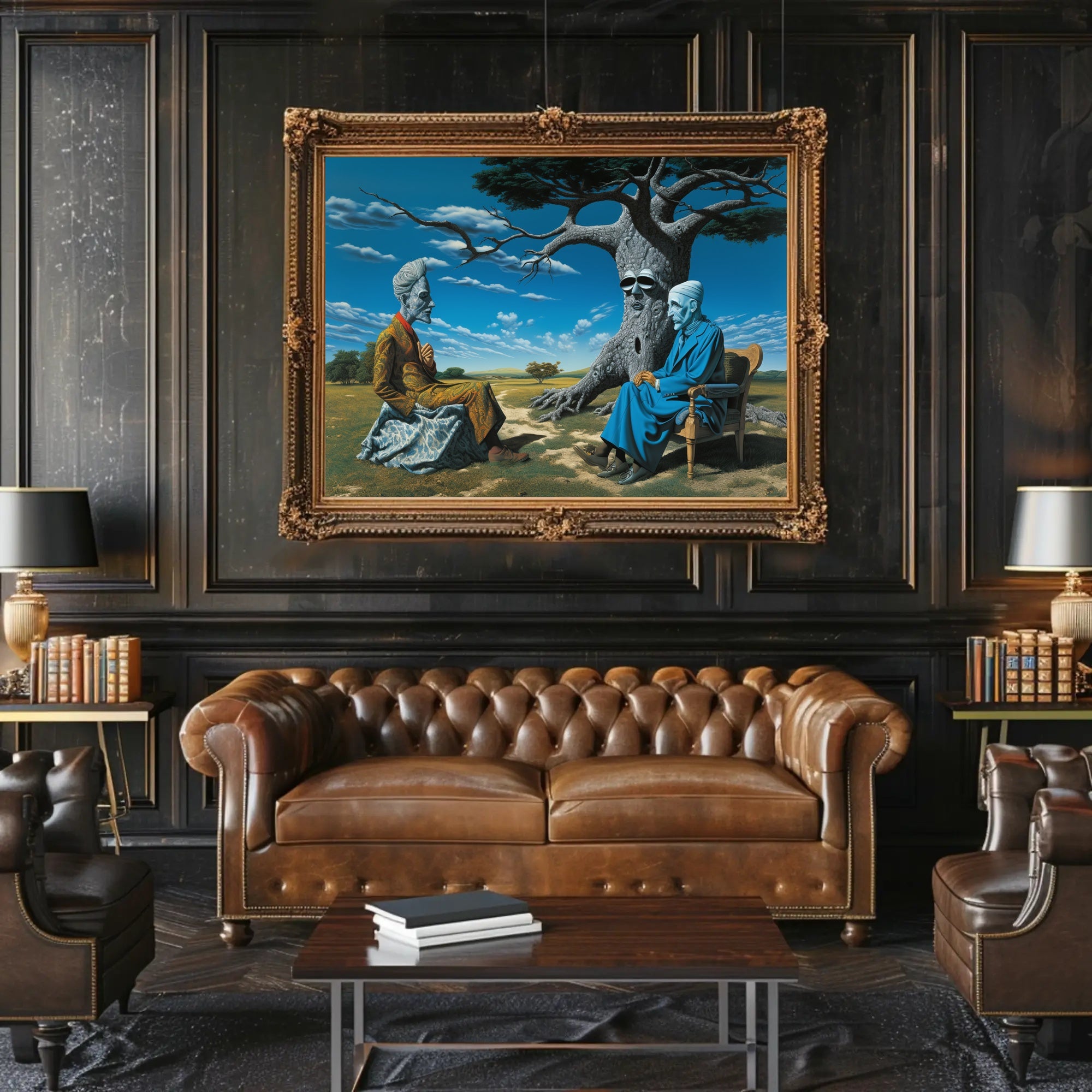 Surreal Desert Conversation with Human-Nature Elements Fantasy Poster