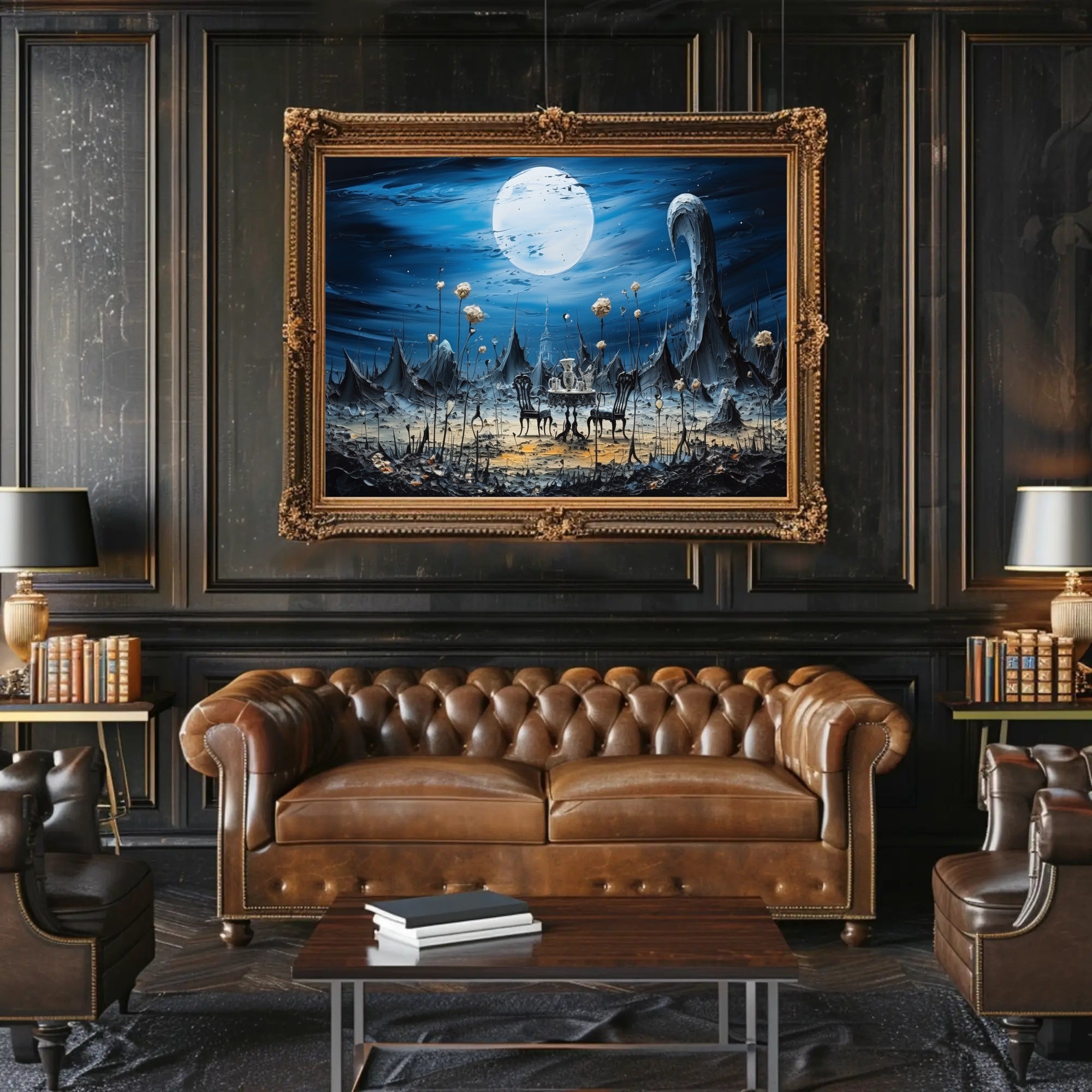 Surreal Dreamscape with Moonlit Tea Set Fantasy Poster