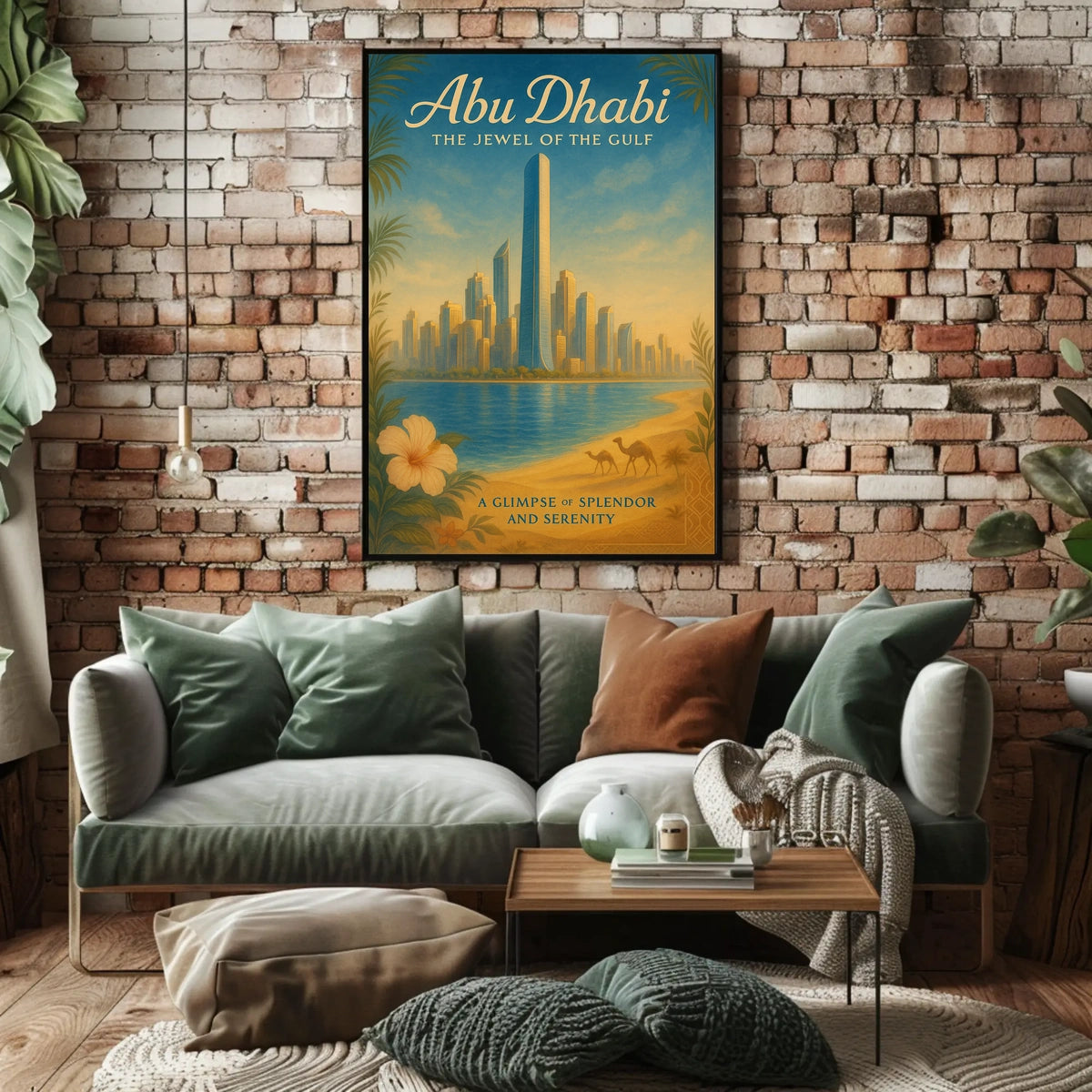 Abu Dhabi Cityscape with Camels Travel Poster