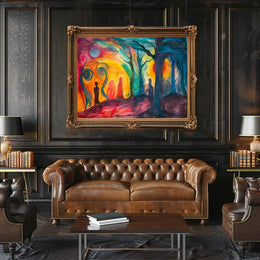 The poster is an abstract, surrealistic artwork with a vibrant and emotive theme. Travel Poster