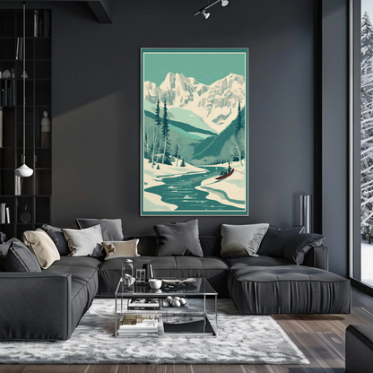 Snowy Alpine Mountain Rowboat Scene Travel Poster