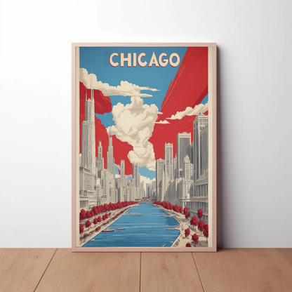 Chicago River Skyline Classic Scene Vintage Travel Poster
