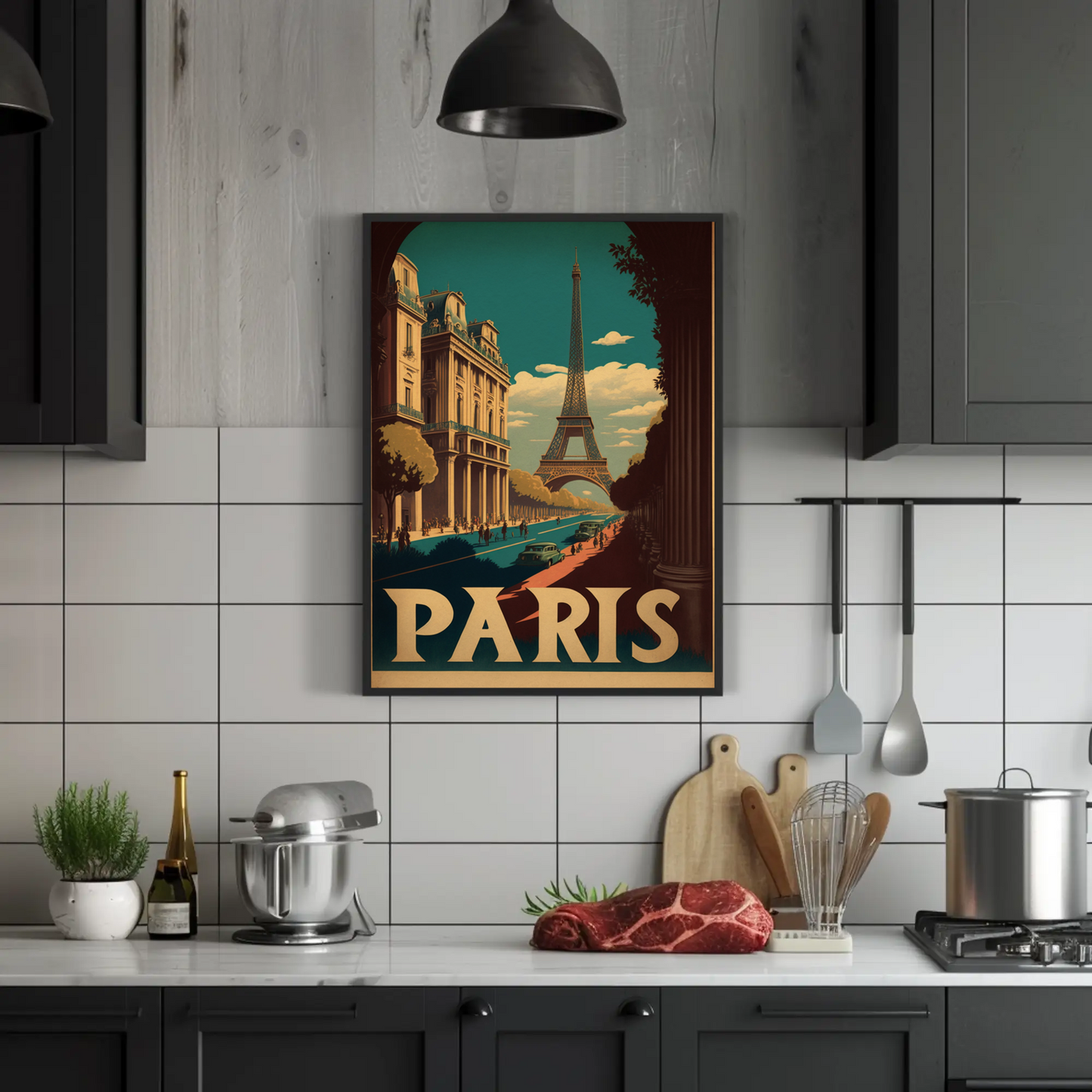 Paris Eiffel Tower Avenue Scene Vintage Travel Poster