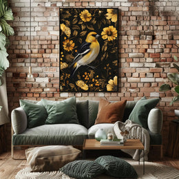 Elegant Yellow Bird Perched Among Flowers Animal Poster