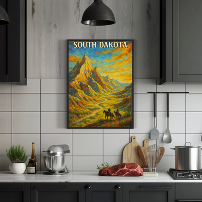 South Dakota Painted Cowboy Mountains Trail Vintage Travel Poster