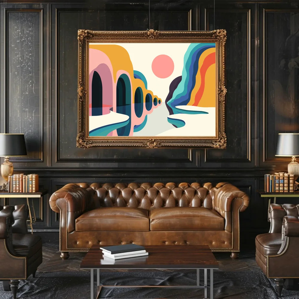 Vibrant Abstract Landscape Poster with Surreal Caves