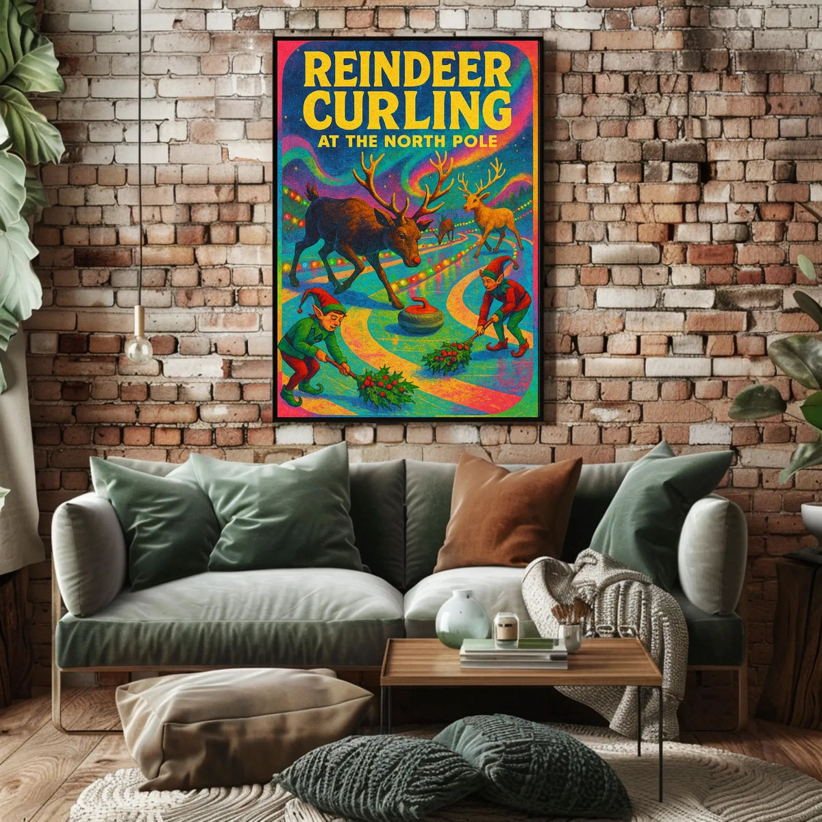 Reindeer Curling at the North Pole Poster
