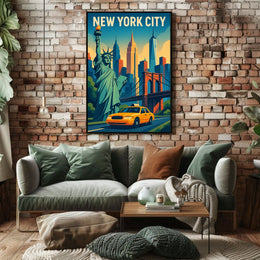Iconic New York City Poster With Brooklyn Bridge Skyline