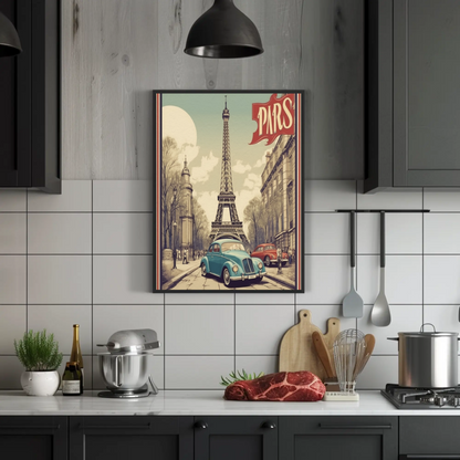 Paris Vintage Poster - Eiffel Tower & Classic Car